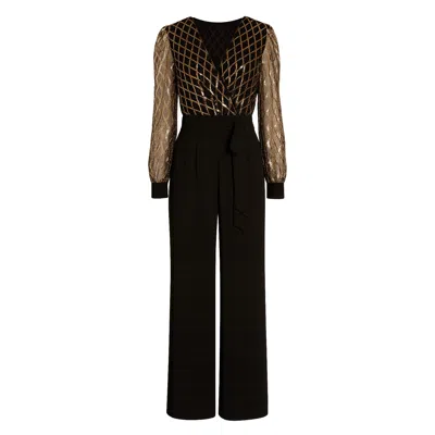 Yumi Women's  Black And Gold Sequin Wrap Over Jumpsuit