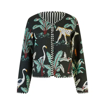 Yumi Women's  Black Animal Print Reversible Cotton Cropped Quilted Jacket