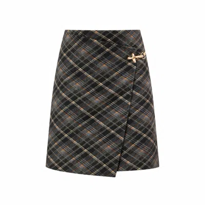 Yumi Women's  Black Check Wrap Skirt With Buckle In Gray