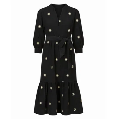 Yumi Women's  Black Cosmic Embroidery Cord Midi Shirt Dress