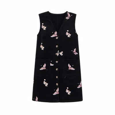 Yumi Women's  Black Crane Embroidery Button Up Pinafore Dress