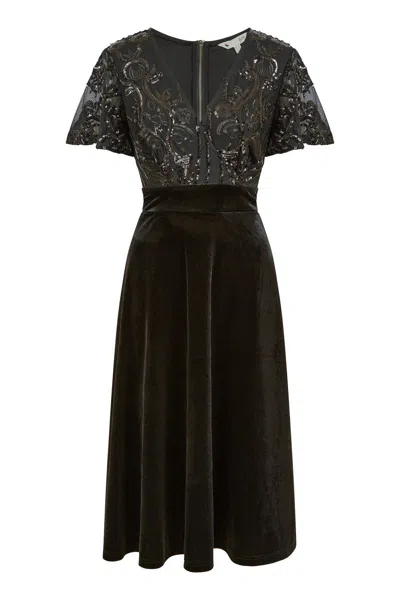 Yumi Women's  Black Embellished Velvet Wrap Skater Midi Dress