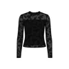 Yumi Women's  Black Flocked Floral Stretch Mesh Top With Long Sleeves In Black
