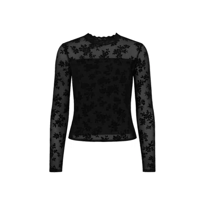 Yumi Women's  Black Flocked Floral Stretch Mesh Top With Long Sleeves