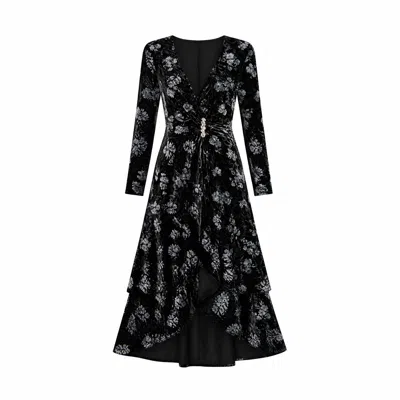 Yumi Women's  Black Floral Velvet Midi Wrap Dress