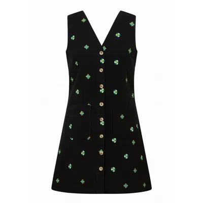 Yumi Women's  Black Flower Embroidered Button Up Pinafore Dress