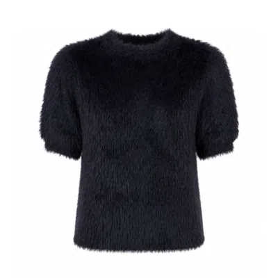 Yumi Women's  Black Fluffy Short Sleeve Jumper