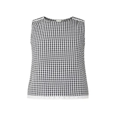 Yumi Women's  Black Gingham Cotton Top With Lace Trims In Animal Print