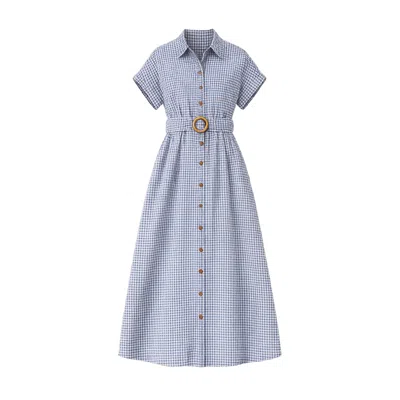 Yumi Women's  Black Gingham Relaxed Shirt Dress With Matching Belt In Blue