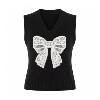 Yumi Women's  Black Lace Bow Knitted Pullover