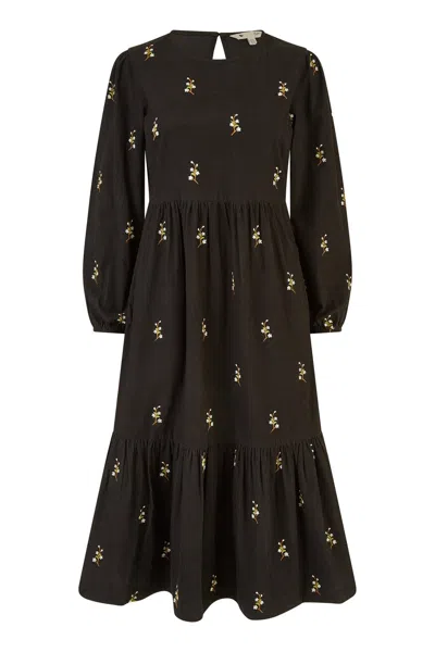 Yumi Women's  Black Long Sleeve Midi Dress With Floral Embroidery