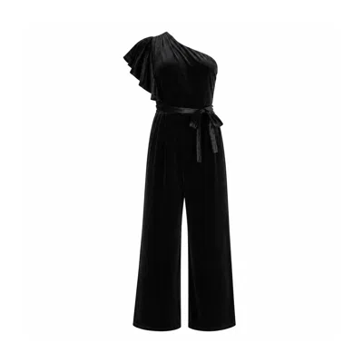 Yumi Women's  Black One Shoulder Velvet Jumpsuit