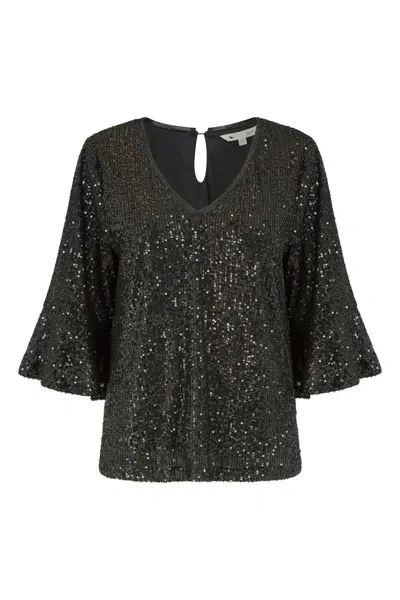 Yumi Women's  Black Sequin Top With Fluted Sleeve