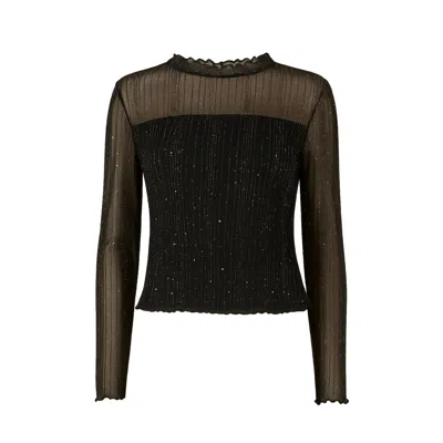 Yumi Women's  Black Sparkle Print Mesh Stretch Fitted Top In Blue