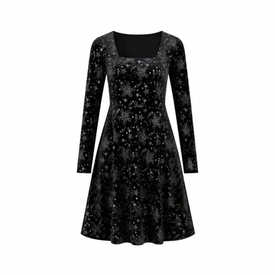 Yumi Women's  Black Starburst Foil Print Long Sleeve Skater Dress In Animal Print