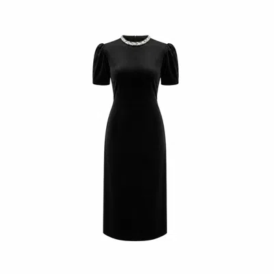 Yumi Women's  Black Velvet Embellised Neckline Midi Dress