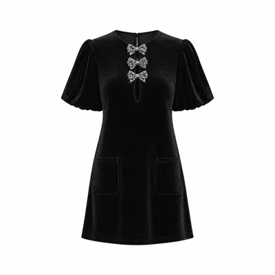 Yumi Women's  Black Velvet Embellished Bow Tunic Dress