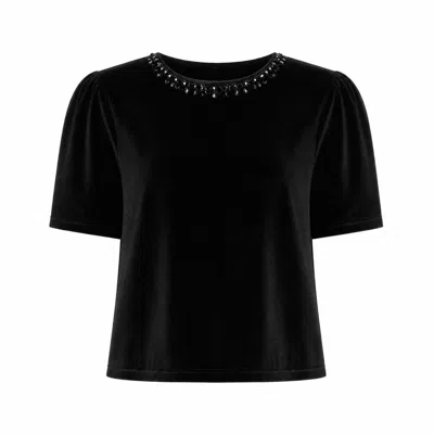 Yumi Women's  Black Velvet Embellished Neck Top