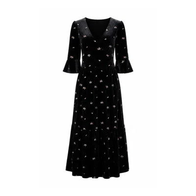 Yumi Women's  Black Velvet Embroidered Midi Dress