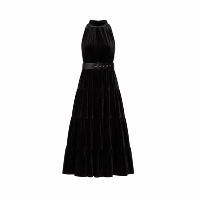 Yumi Women's  Black Velvet Halter Maxi Dress With Belt