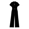 Yumi Women's  Black Velvet Jumpsuit With Twist Neckline And Buckle Belt In Black