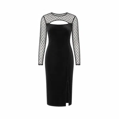 Yumi Women's  Black Velvet Midi Dress With Slash Neckline & Sheer Sleeves