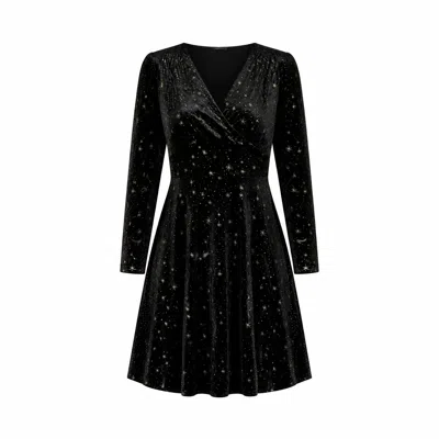 Yumi Women's  Black Velvet Skater Dress With Foil Star Print