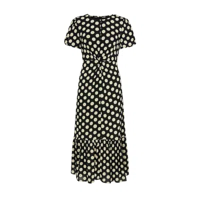 Yumi Women's  Black Velvet Spot Print Twist Knot Waist Midi Dress