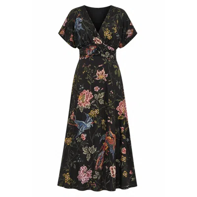 Yumi Women's  Black Viscose Bird & Floral Print Kimono Midi Dress