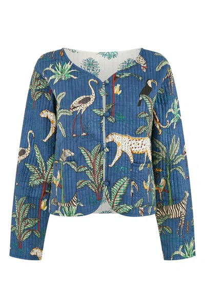 Yumi Women's  Blue Animal Print Reversible Cotton Cropped Quilted Jacket