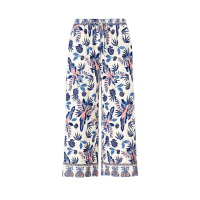 Yumi Women's  Blue Bird Print Viscose Wide Leg Trousers In Multi