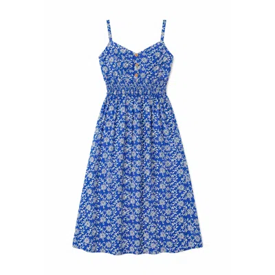Yumi Women's  Blue Block Print Midi Sun Dress With Button Details