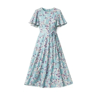 Yumi Women's  Blue Blossom Skater Midi Dress With Angel Sleeves