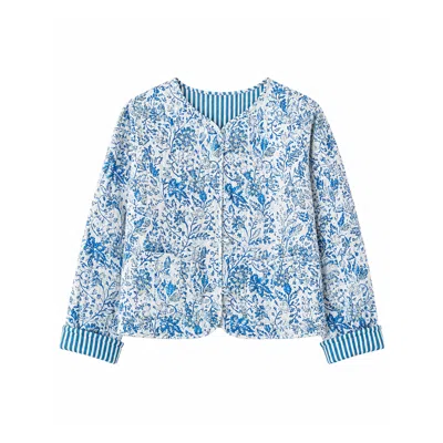 Yumi Women's  Blue Boho Floral Print Cropped Reversible Cotton Quilted Jacket