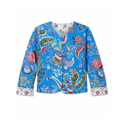 Yumi Women's  Blue Boho Print Cotton Reversible Quilted Jacket