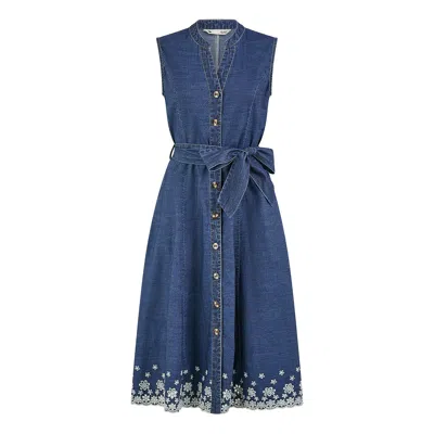 Yumi Women's  Blue Chambray Cotton Midi Embroidered Shirt Dress
