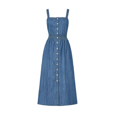 Yumi Women's  Blue Chambray Cotton Ruched Midi Sun Dress In Multi