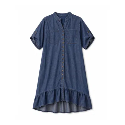 Yumi Women's  Blue Chambray Denim Dip Hem Relaxed Fit Shirt Dress