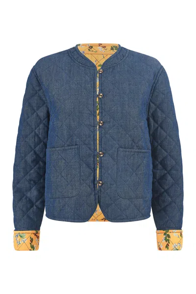 Yumi Women's  Blue Chambray Quilted Jacket With Reversible Floral Lining