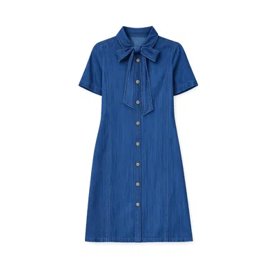 Yumi Women's  Blue Chambray Tunic With Pussy Bow Tie