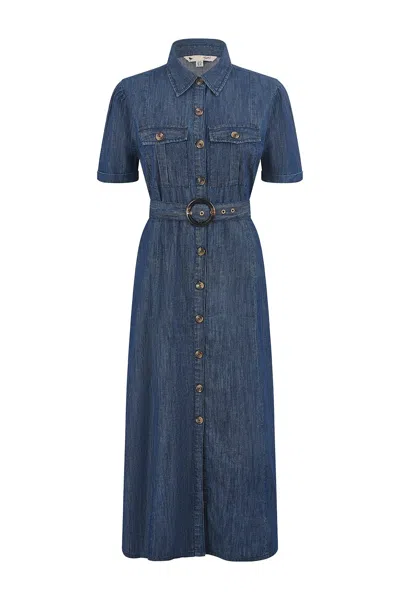 Yumi Women's  Blue Chambray Utility Midi Denim Shirt Dress