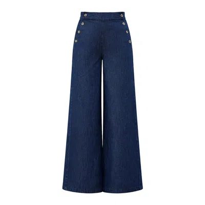 Yumi Women's  Blue Chambray Wide Leg Trousers With Button Details