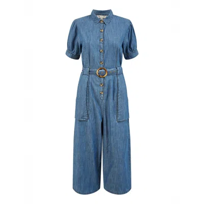 Yumi Women's  Blue Cotton Chambray Button Up Jumpsuit