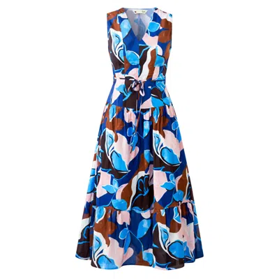 Yumi Women's  Blue Cotton Floral Abstract Dropped Waist Midi Dress