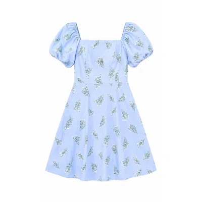Yumi Women's  Blue Cotton Floral Puff Sleeve Skater Dress