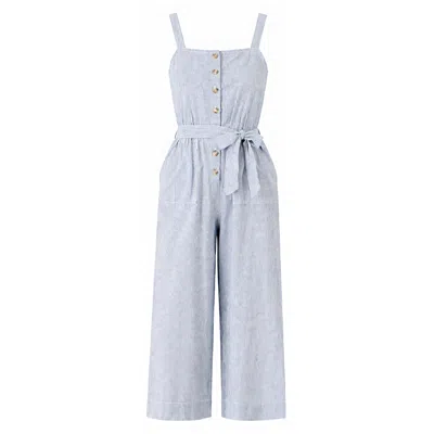 Yumi Women's  Blue Cotton Stripe Button Through Jumpsuit