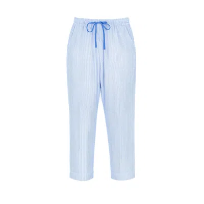 Yumi Women's  Blue Cotton Stripe Cropped Trousers