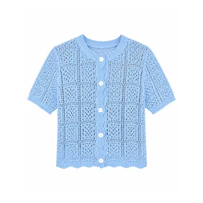Yumi Crochet Short Sleeve Cardigan In Blue