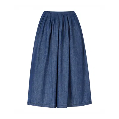 Yumi Women's  Blue Denim Chambray Gathered Midi Skirt
