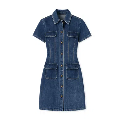 Yumi Women's  Blue Denim Stretch Shirt Dress With Pocket Details